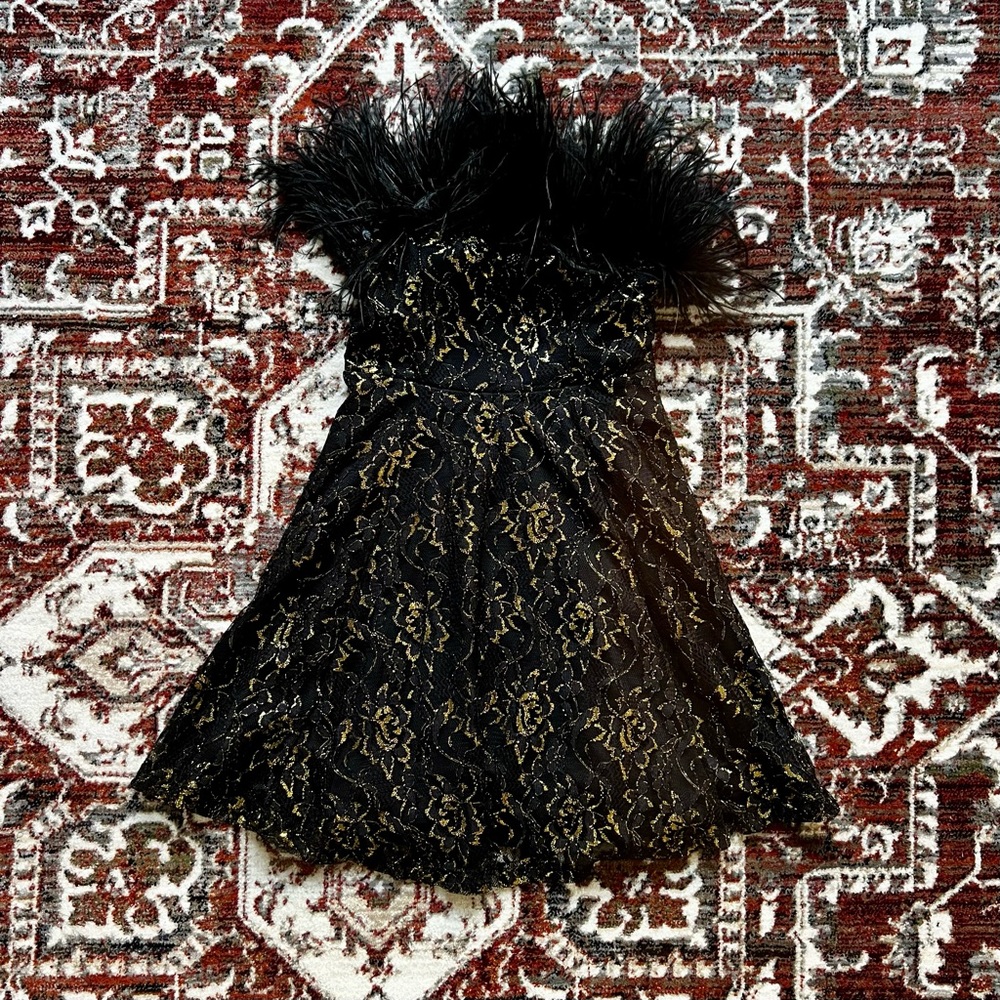 Kikiriki strapless feathered black and gold dress S NWT
